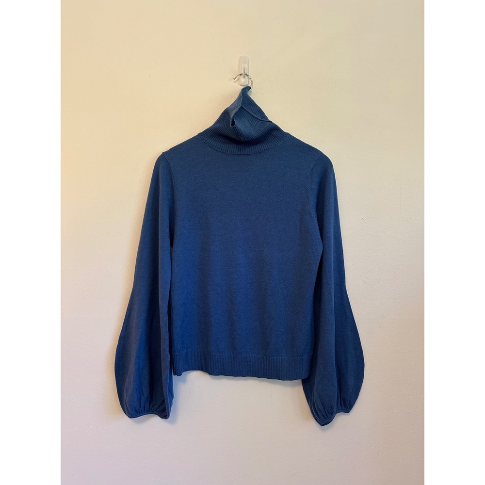 STAUD Blue Wool Blend Lantern Puff Sleeve Turtleneck Sweater | Size Large
